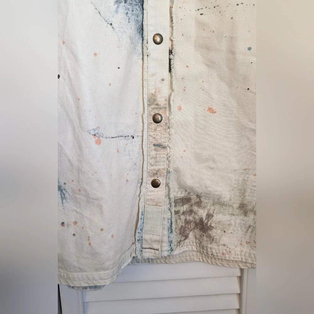 Free People Sunshine Fields Buttondown Top Splatter Denim Jacket Size S
